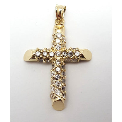 14K Solid Yellow Gold Religious Cubic Zirconia Cross Charm Pendant