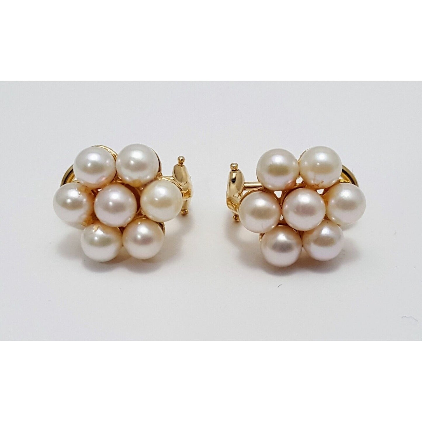 14K Yellow Gold Flower Pearl French Clip Earrings