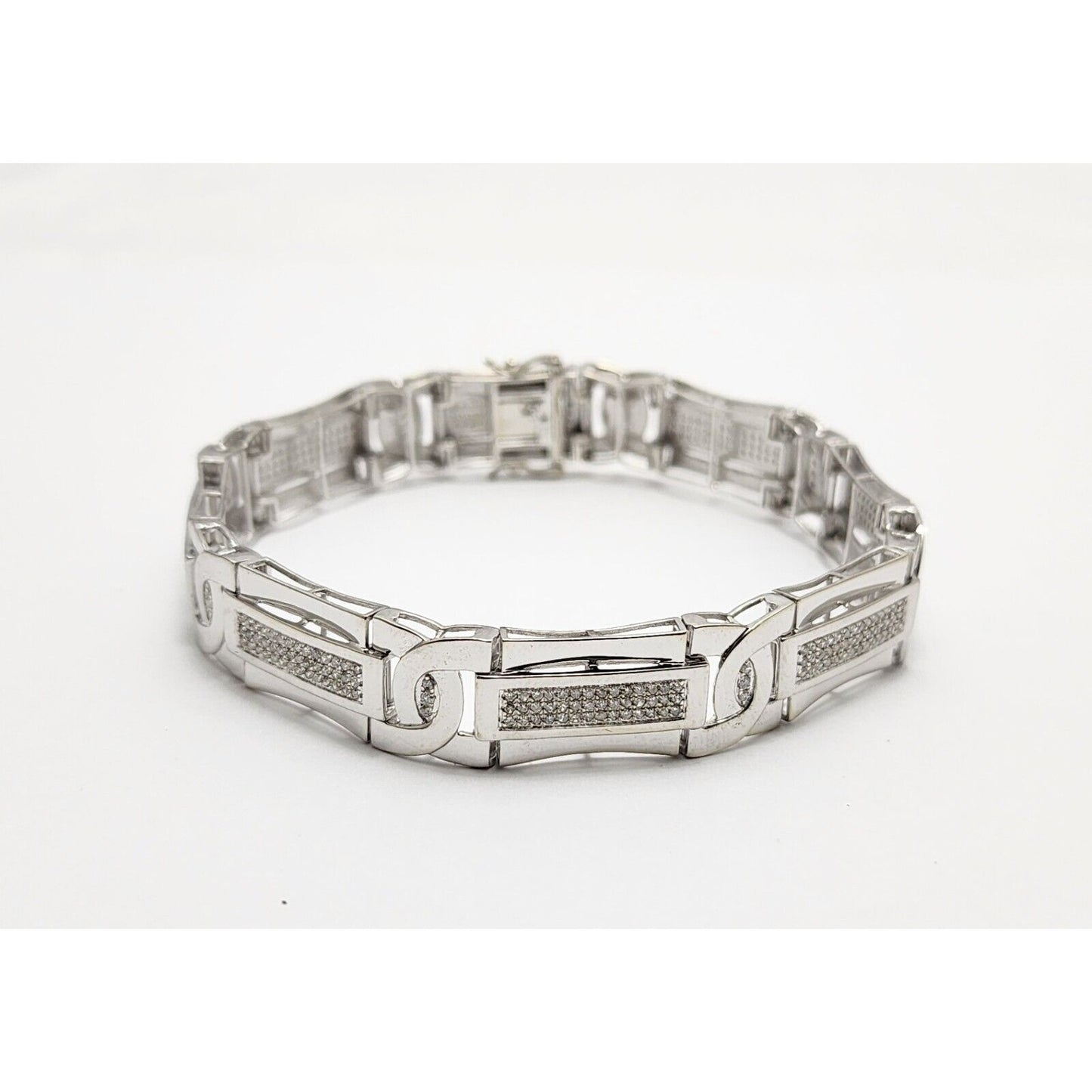 14K Solid White Gold Men's Polished Diamond Link Bracelet