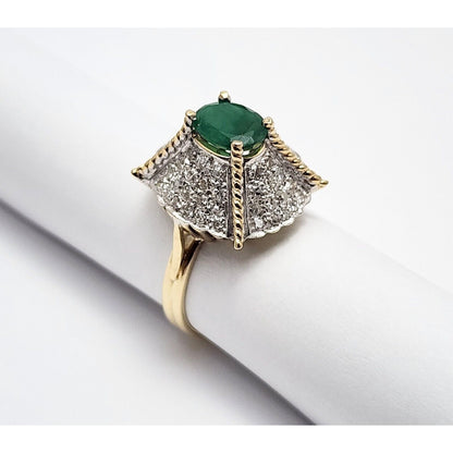 14K Two Tone Gold Emerald & Diamond Ring