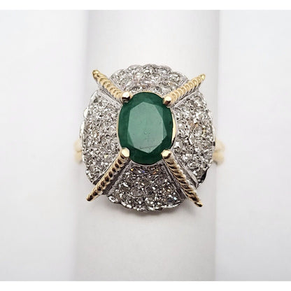 14K Two Tone Gold Emerald & Diamond Ring