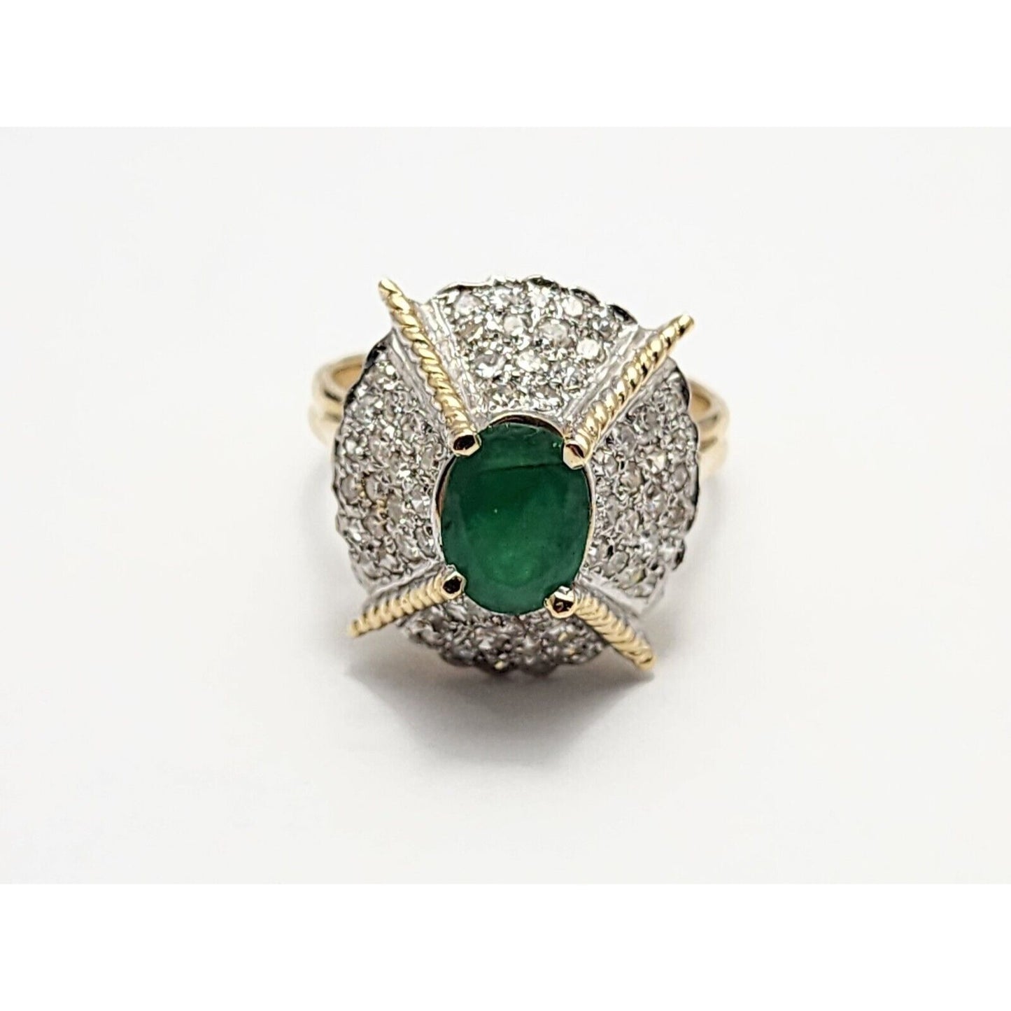 14K Two Tone Gold Emerald & Diamond Ring