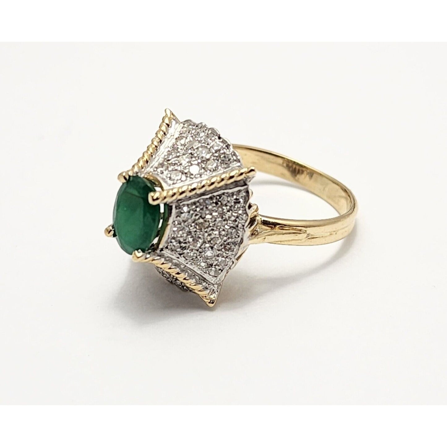 14K Two Tone Gold Emerald & Diamond Ring