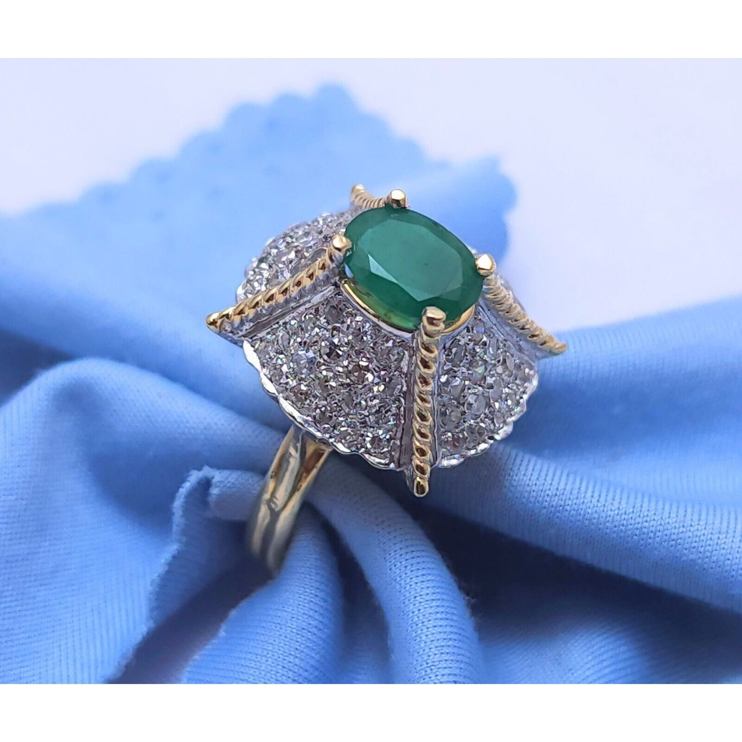 14K Two Tone Gold Emerald & Diamond Ring