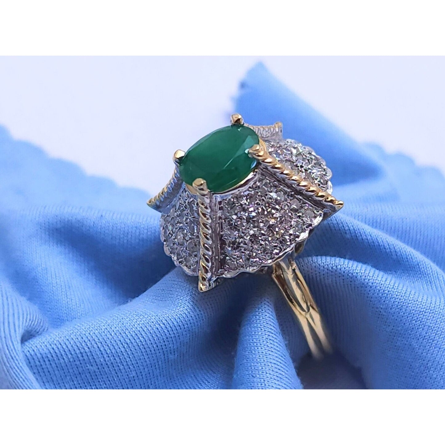 14K Two Tone Gold Emerald & Diamond Ring