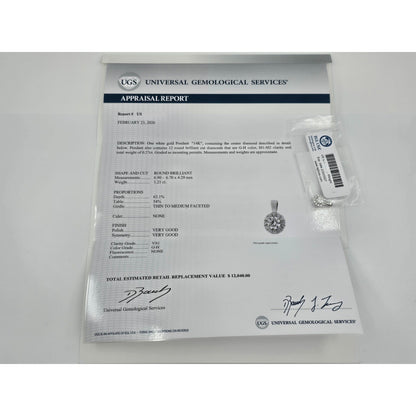 14K White Gold Round Diamond Charm Pendant 1.21ct EGL Report