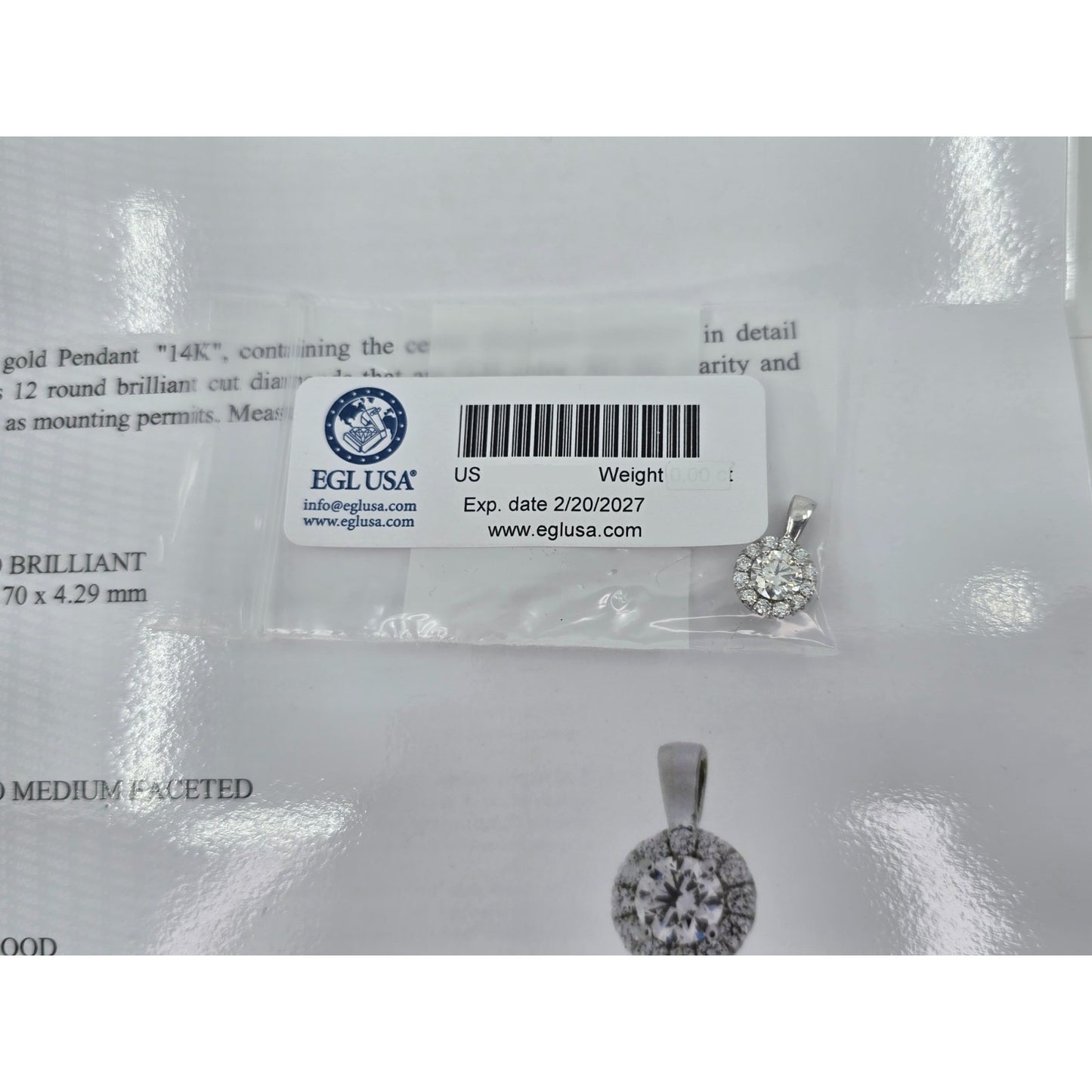 14K White Gold Round Diamond Charm Pendant 1.21ct EGL Report