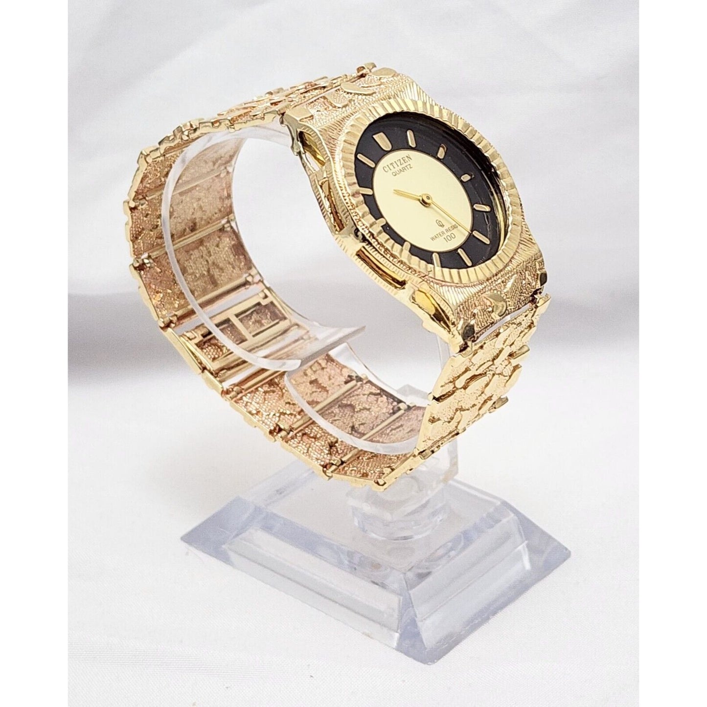 Custom Citizen 10K Solid Yellow Gold Nugget Link Quartz 35mm Watch