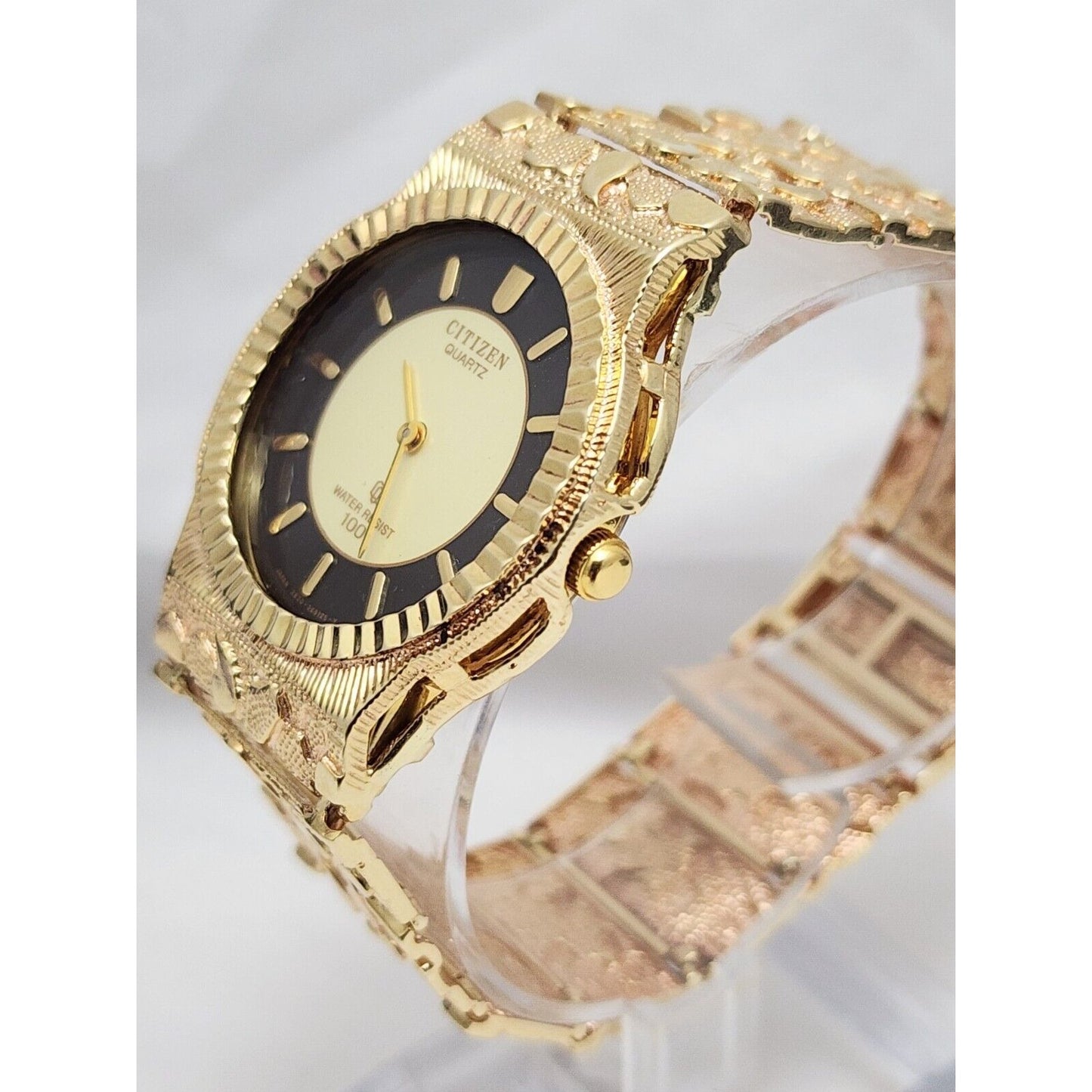 Custom Citizen 10K Solid Yellow Gold Nugget Link Quartz 35mm Watch