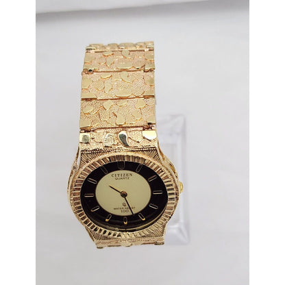 Custom Citizen 10K Solid Yellow Gold Nugget Link Quartz 35mm Watch