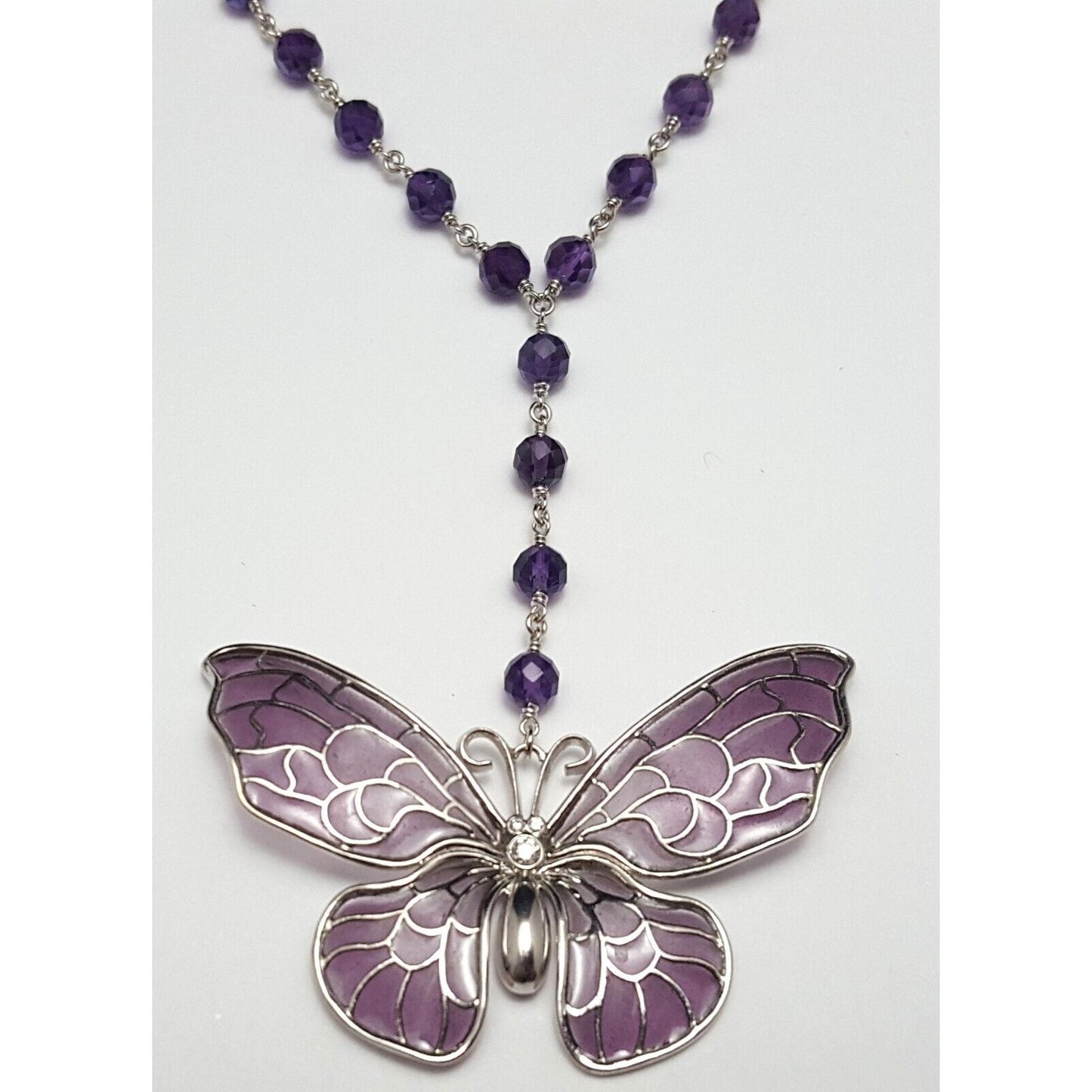 Tiffany & Co 18K White Gold Amethyst Diamond Enamel Butterfly Pendant Necklace