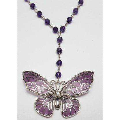 Tiffany & Co 18K White Gold Amethyst Diamond Enamel Butterfly Pendant Necklace