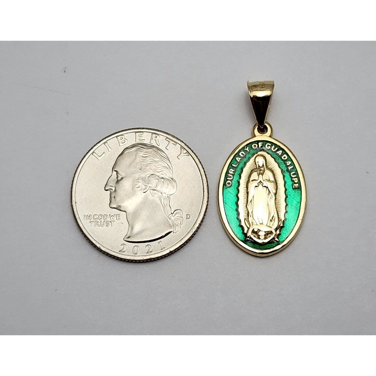 14K Solid Yellow Gold Green Enamel Saint Mary Guadalupe Charm Pendant