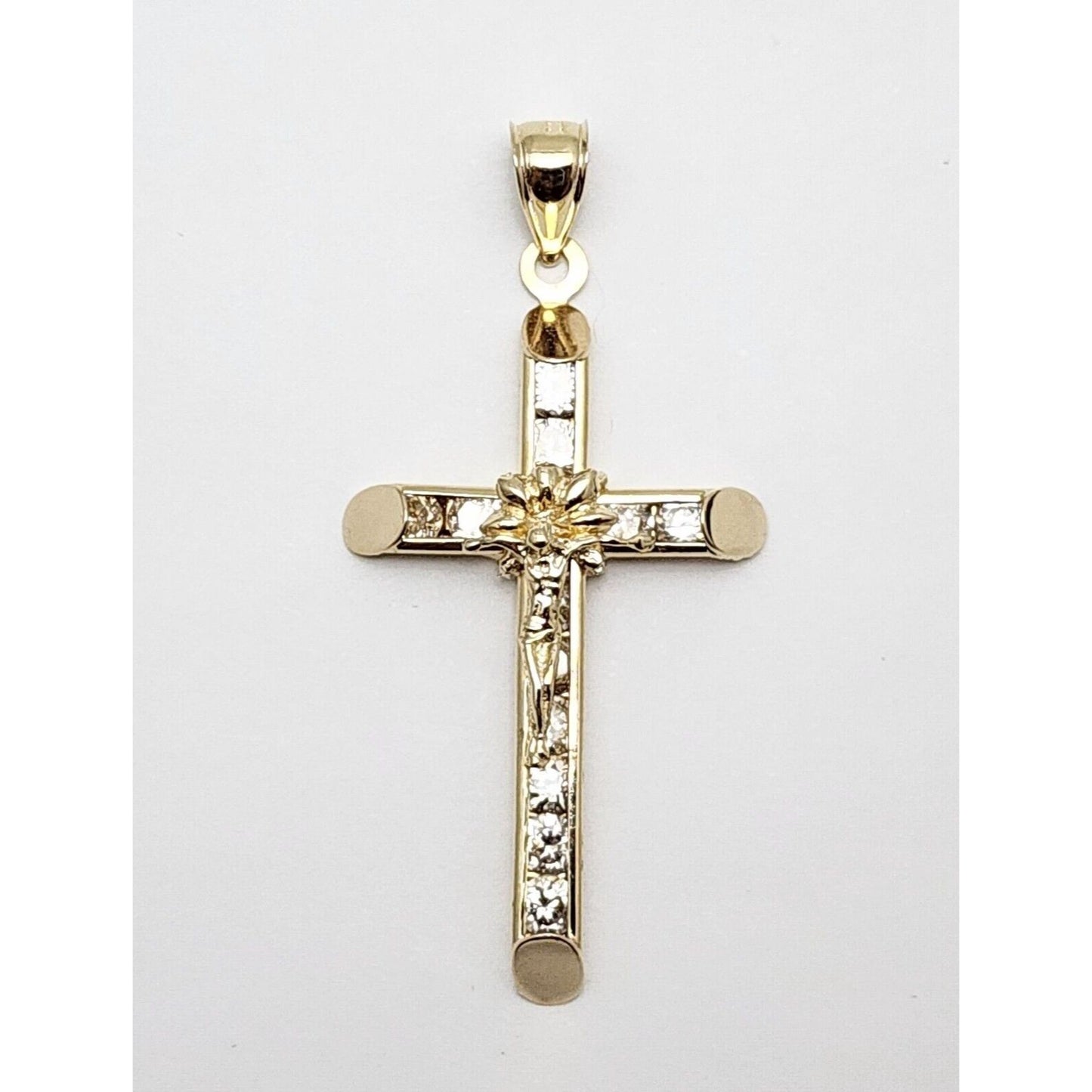 14K Solid Yellow Gold Jesus On Cross CZ Charm Pendant