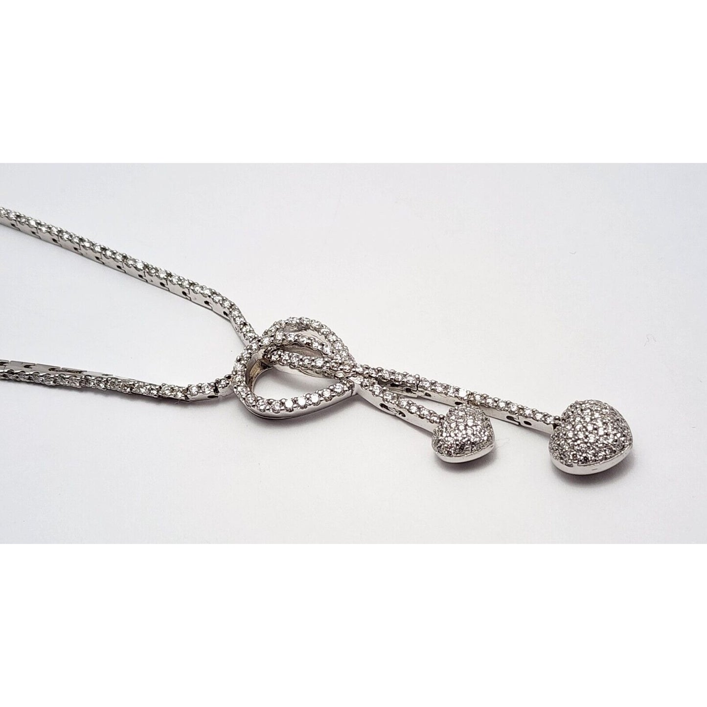 14K White Gold Diamond Double Heart Dangle Link Chain Necklace