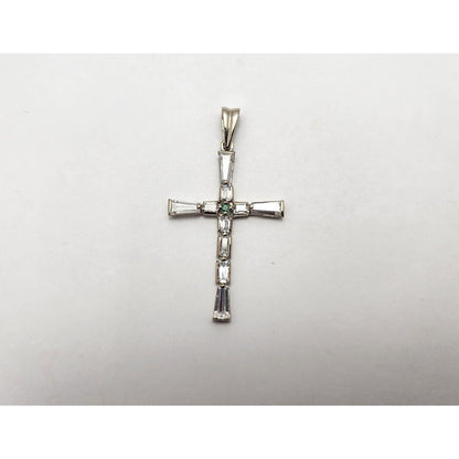 14K White Gold Religious Emerald & CZ Cross Pendant