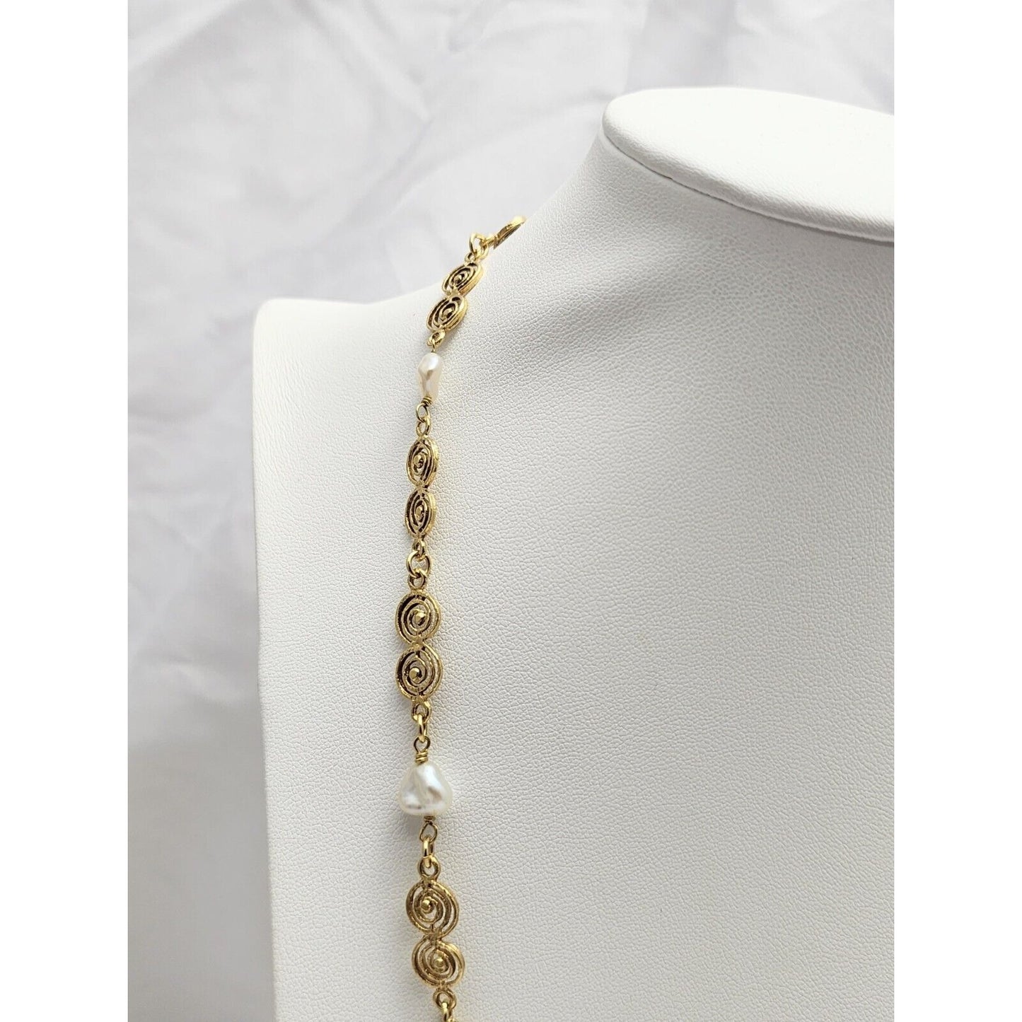 Vintage 18K Yellow Gold Filigree Pearl Link Chain Necklace