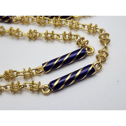 18K Yellow Gold Blue Enamel Link Chain Necklace