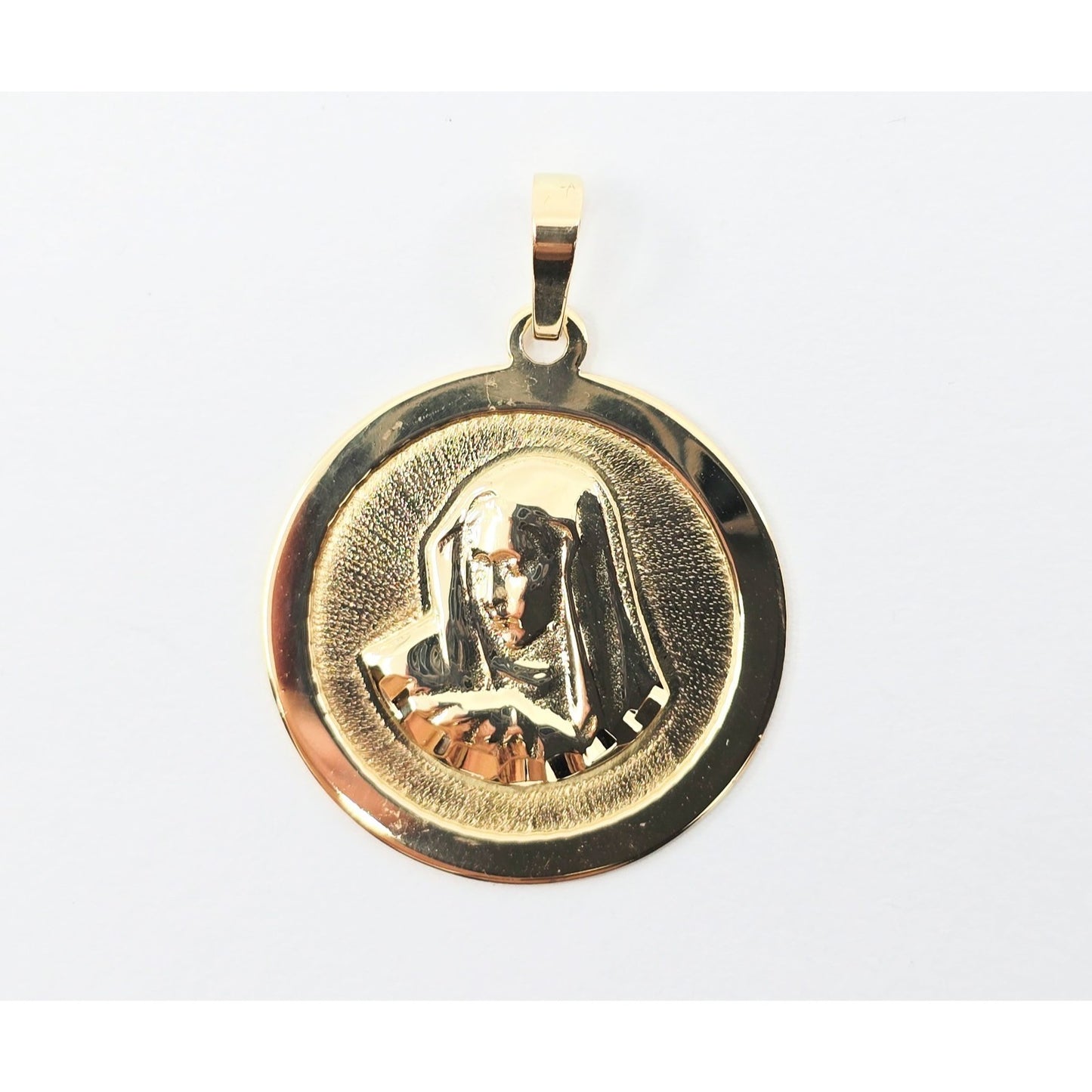 14K Yellow Gold Religious Round Saint Mary Charm Pendant
