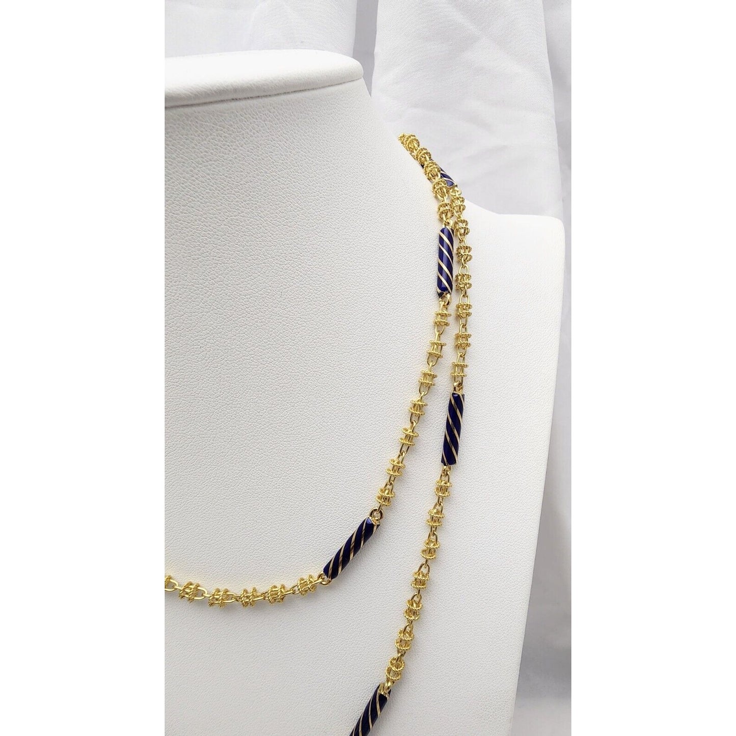 18K Yellow Gold Blue Enamel Link Chain Necklace