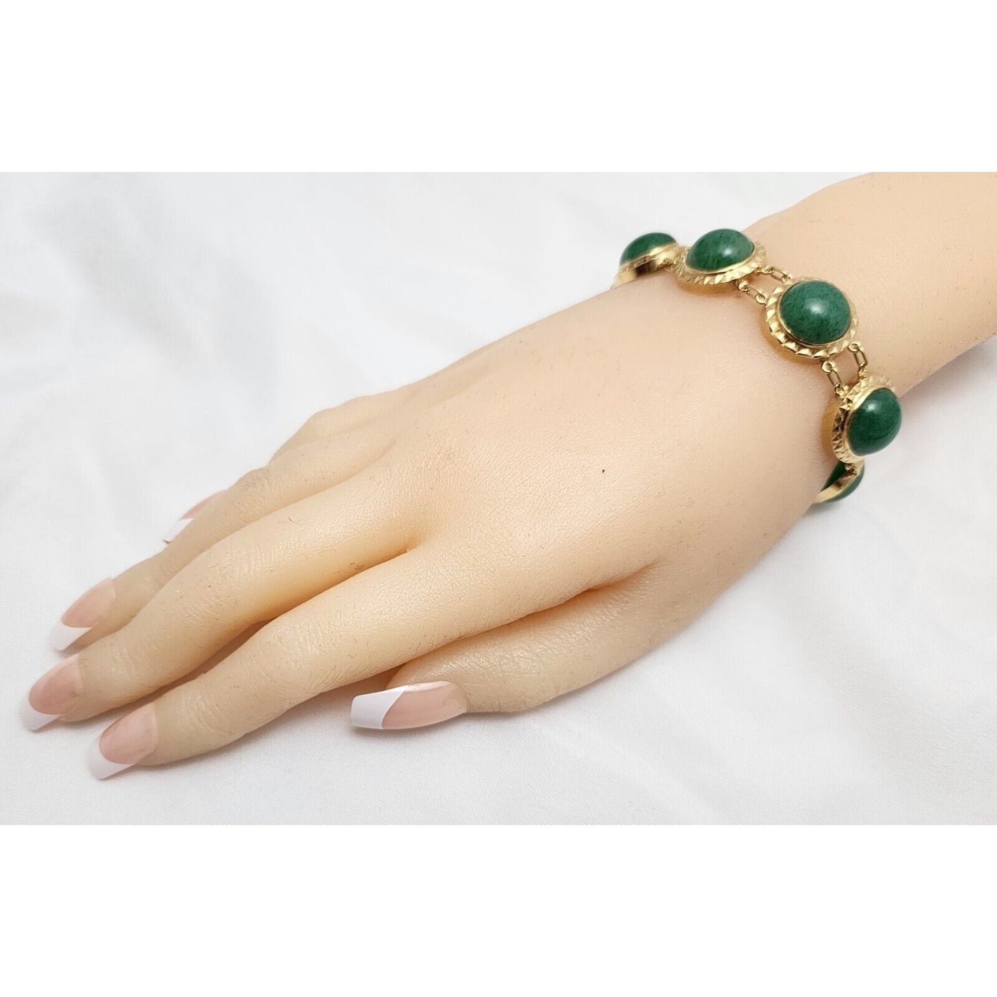 18K Solid Yellow Gold Green Jade Jadeite Link Bracelet