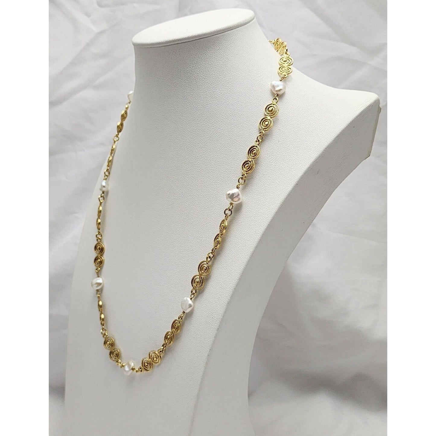 Vintage 18K Yellow Gold Filigree Pearl Link Chain Necklace