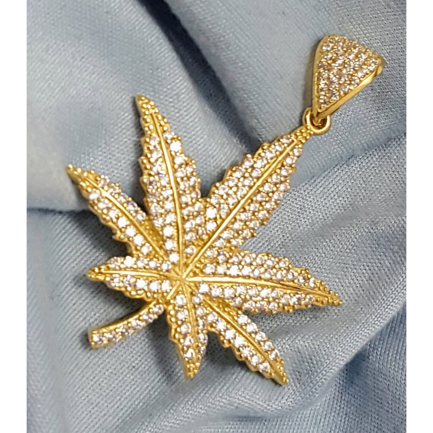 10K Solid Yellow Gold Cubic Zirconia Marijuana Leaf Weed Charm Pendant