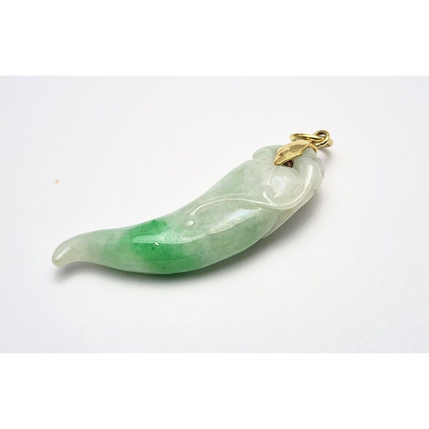 14K Yellow Gold Green Jadeite Jade Carved Chili Pepper Charm Pendant