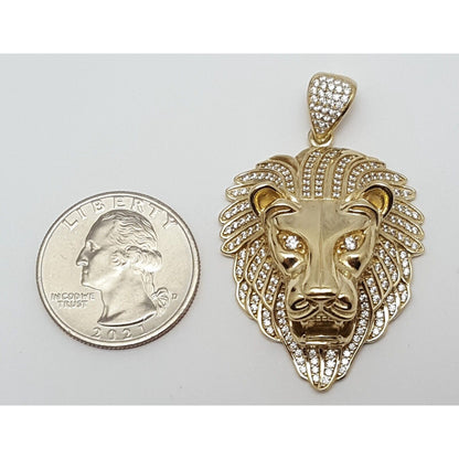 10K Solid Yellow Gold 3D Cubic Zirconia Lion Head Charm Pendant