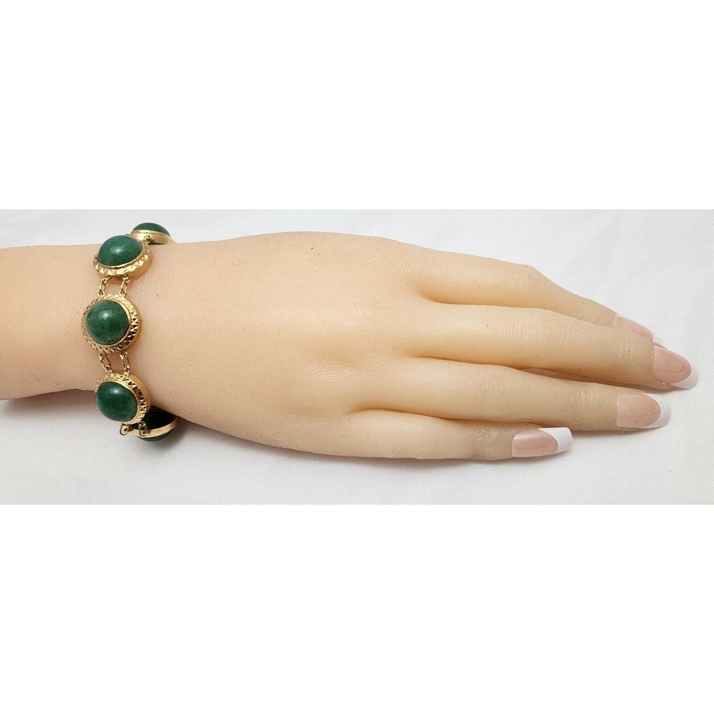 18K Solid Yellow Gold Green Jade Jadeite Link Bracelet