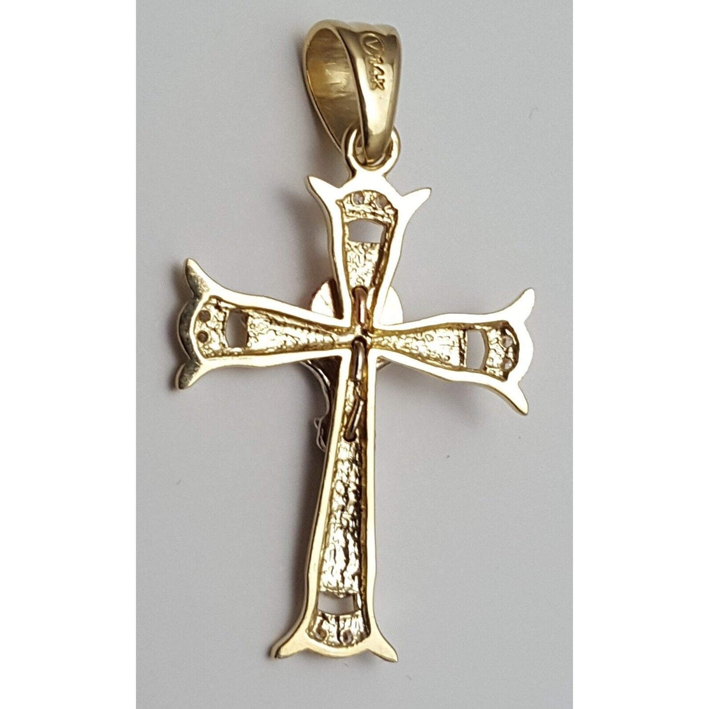 14K Solid Two Tone Gold Jesus on Cross Cubic Zirconia Charm Pendant