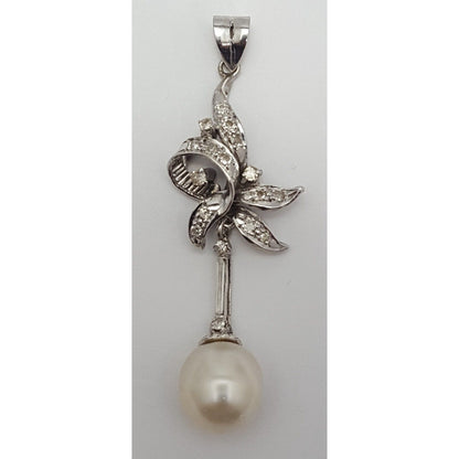 14K Solid White Gold Pearl & Diamond Drop Dangle Charm Pendant