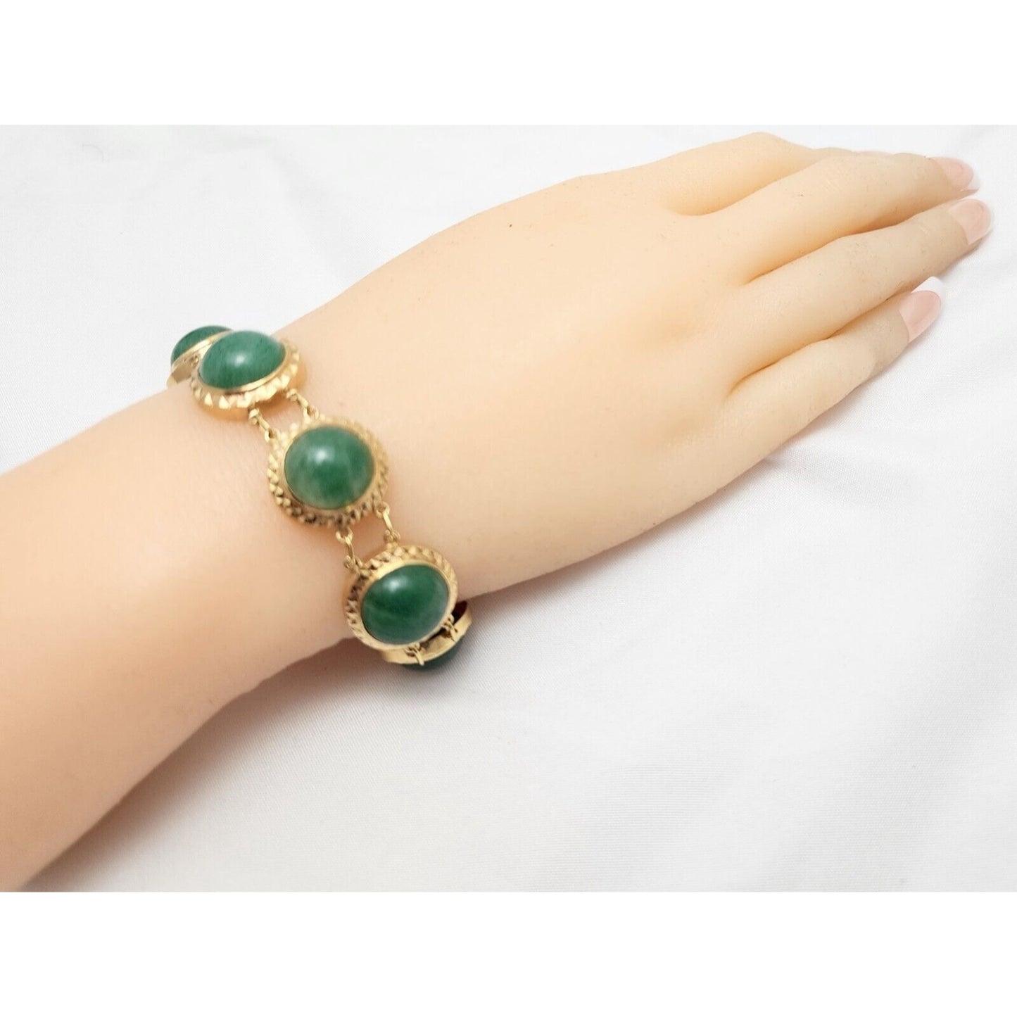 18K Solid Yellow Gold Green Jade Jadeite Link Bracelet