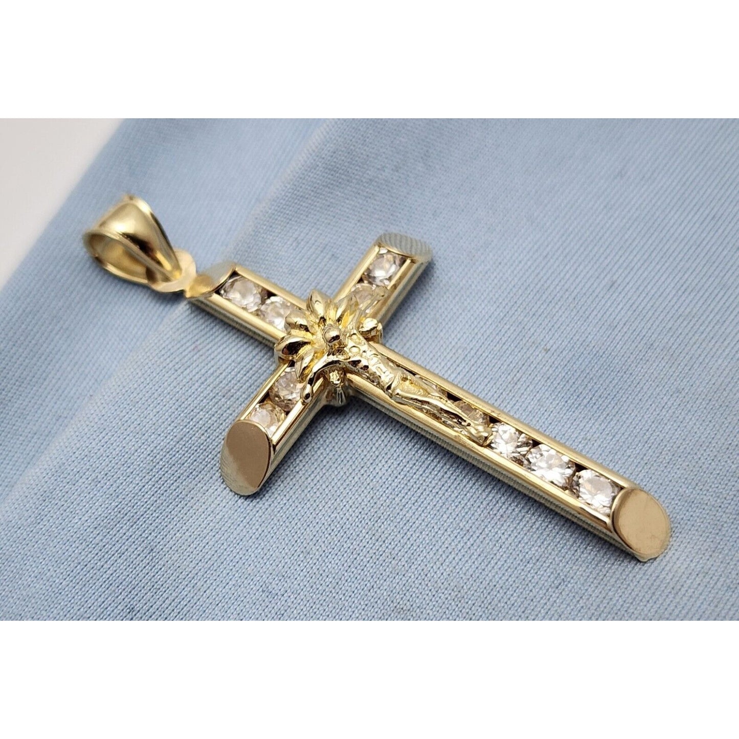 14K Solid Yellow Gold Jesus On Cross CZ Charm Pendant