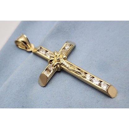 14K Solid Yellow Gold Jesus On Cross CZ Charm Pendant