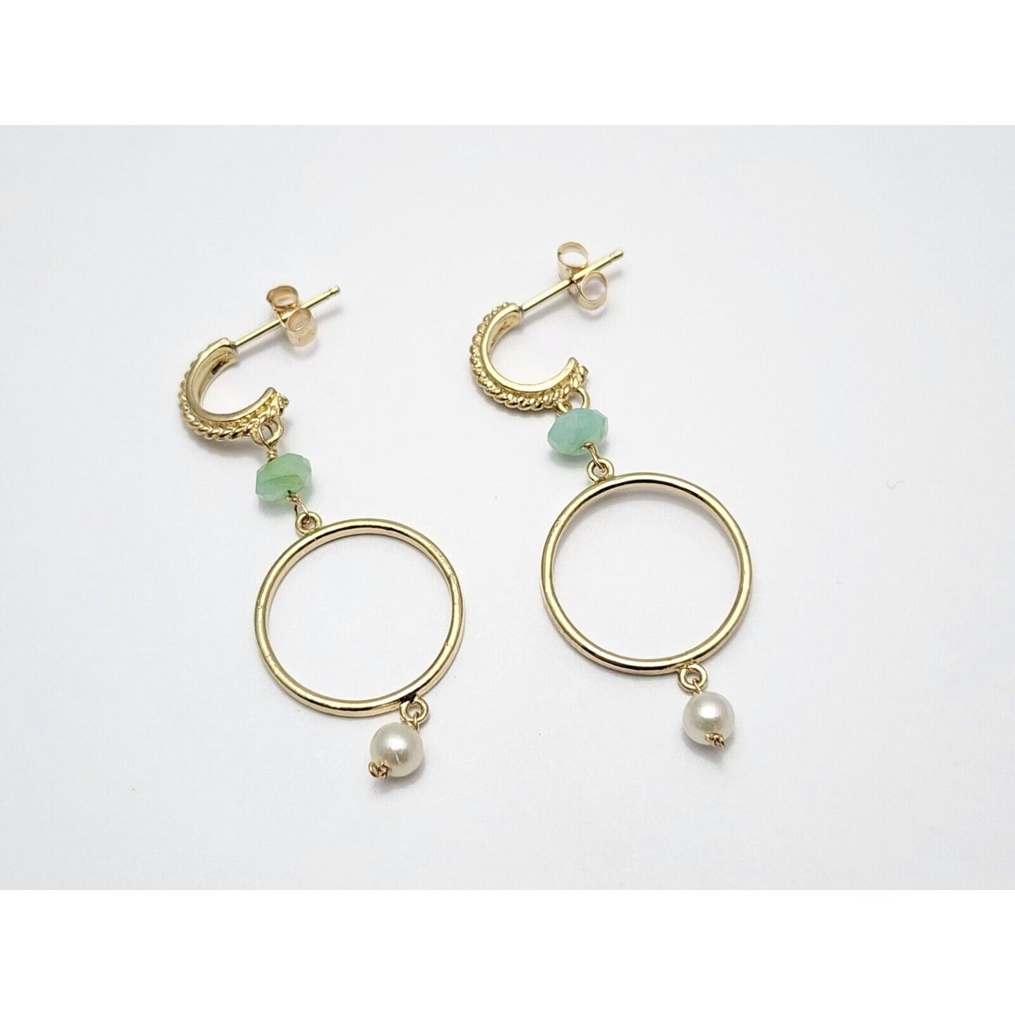 14K Yellow Gold Pearl & Green Crystal Dangle Drop Stud Earrings