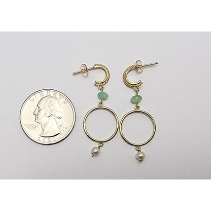 14K Yellow Gold Pearl & Green Crystal Dangle Drop Stud Earrings