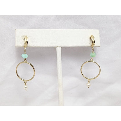 14K Yellow Gold Pearl & Green Crystal Dangle Drop Stud Earrings