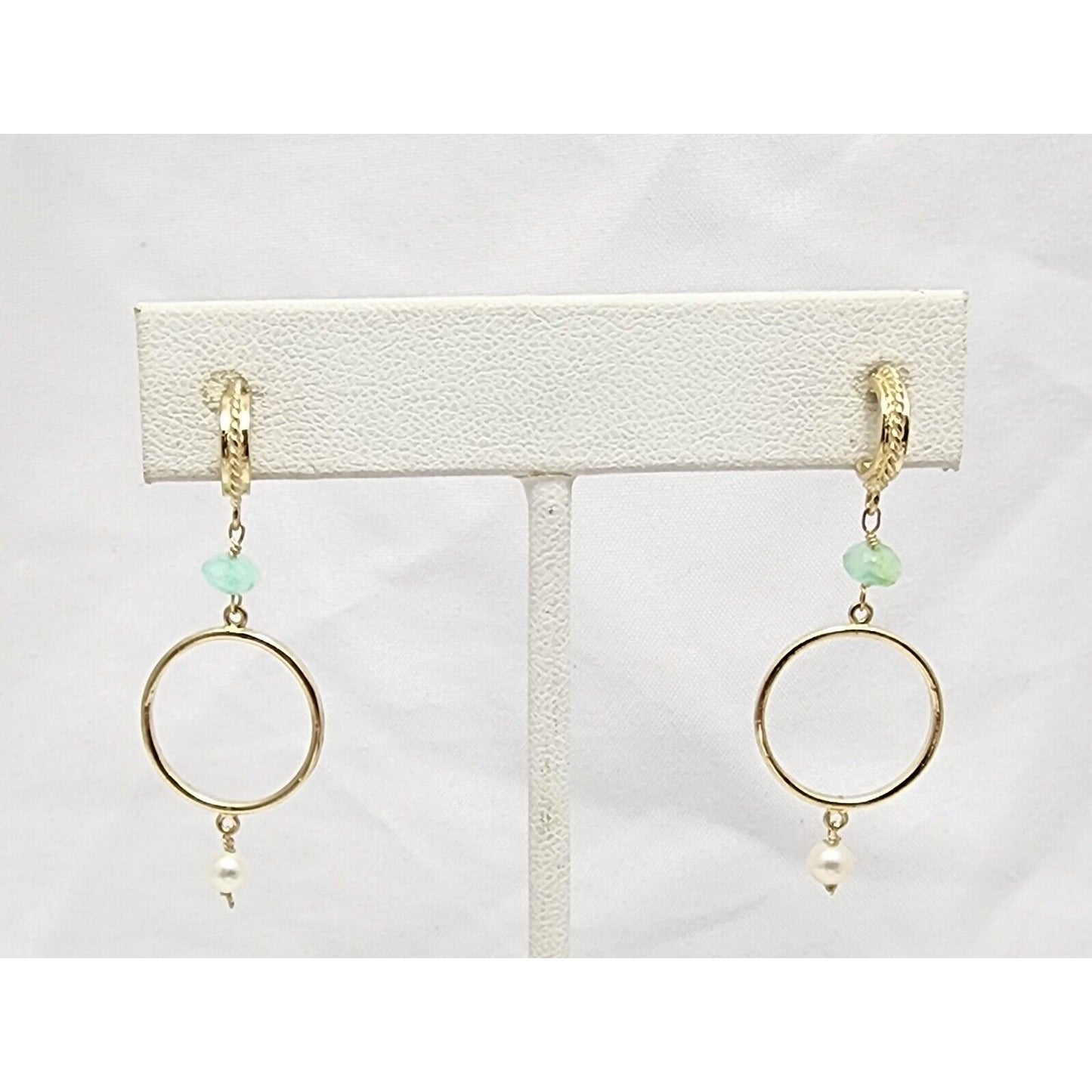 14K Yellow Gold Pearl & Green Crystal Dangle Drop Stud Earrings