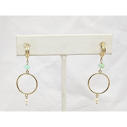 14K Yellow Gold Pearl & Green Crystal Dangle Drop Stud Earrings