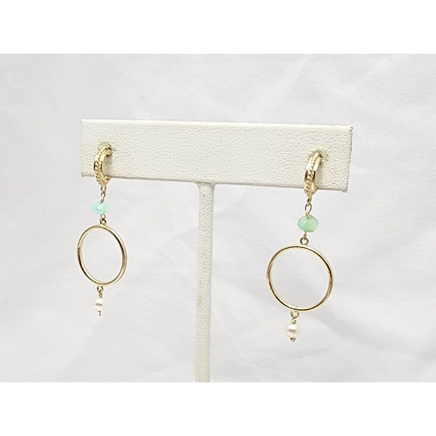 14K Yellow Gold Pearl & Green Crystal Dangle Drop Stud Earrings