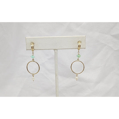 14K Yellow Gold Pearl & Green Crystal Dangle Drop Stud Earrings