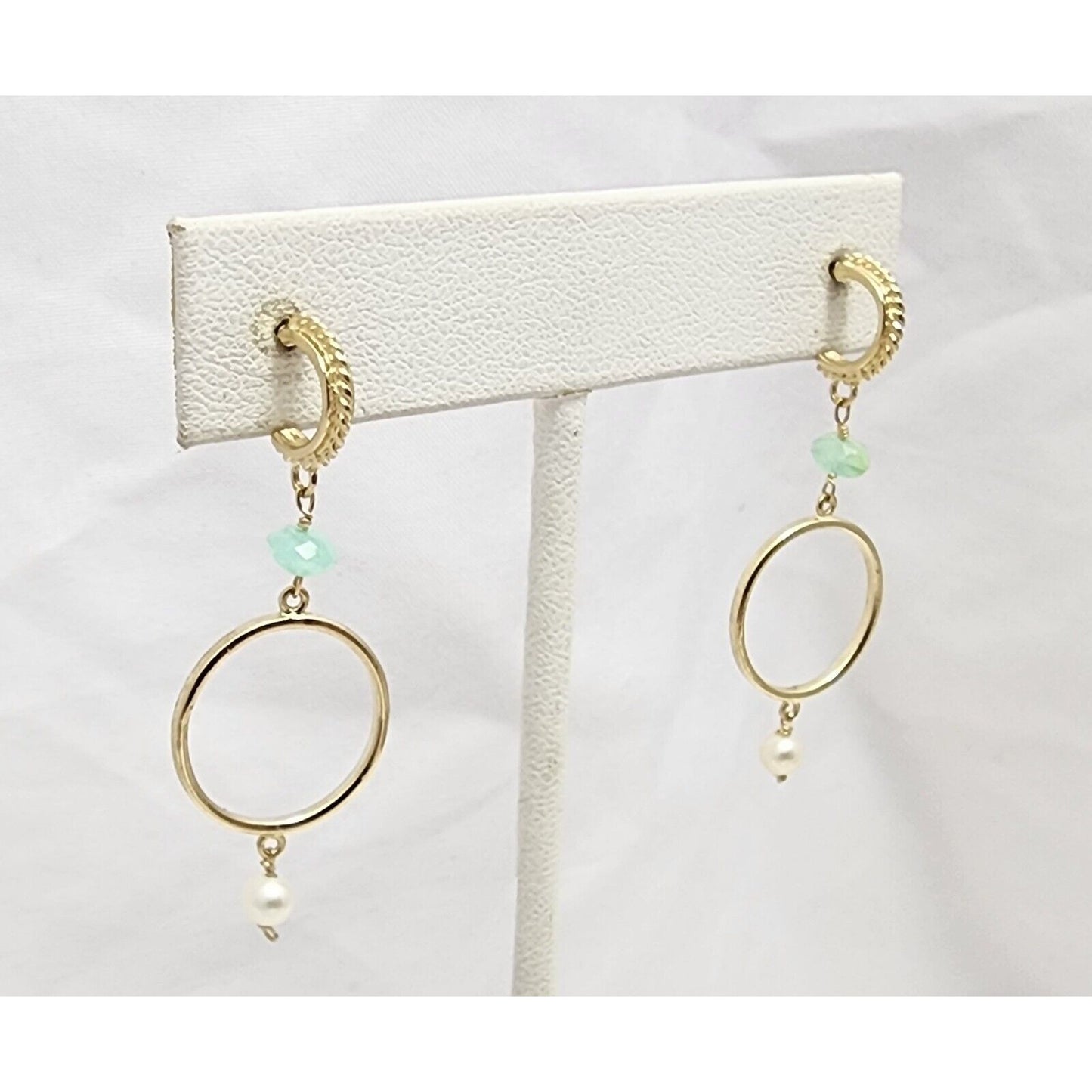 14K Yellow Gold Pearl & Green Crystal Dangle Drop Stud Earrings