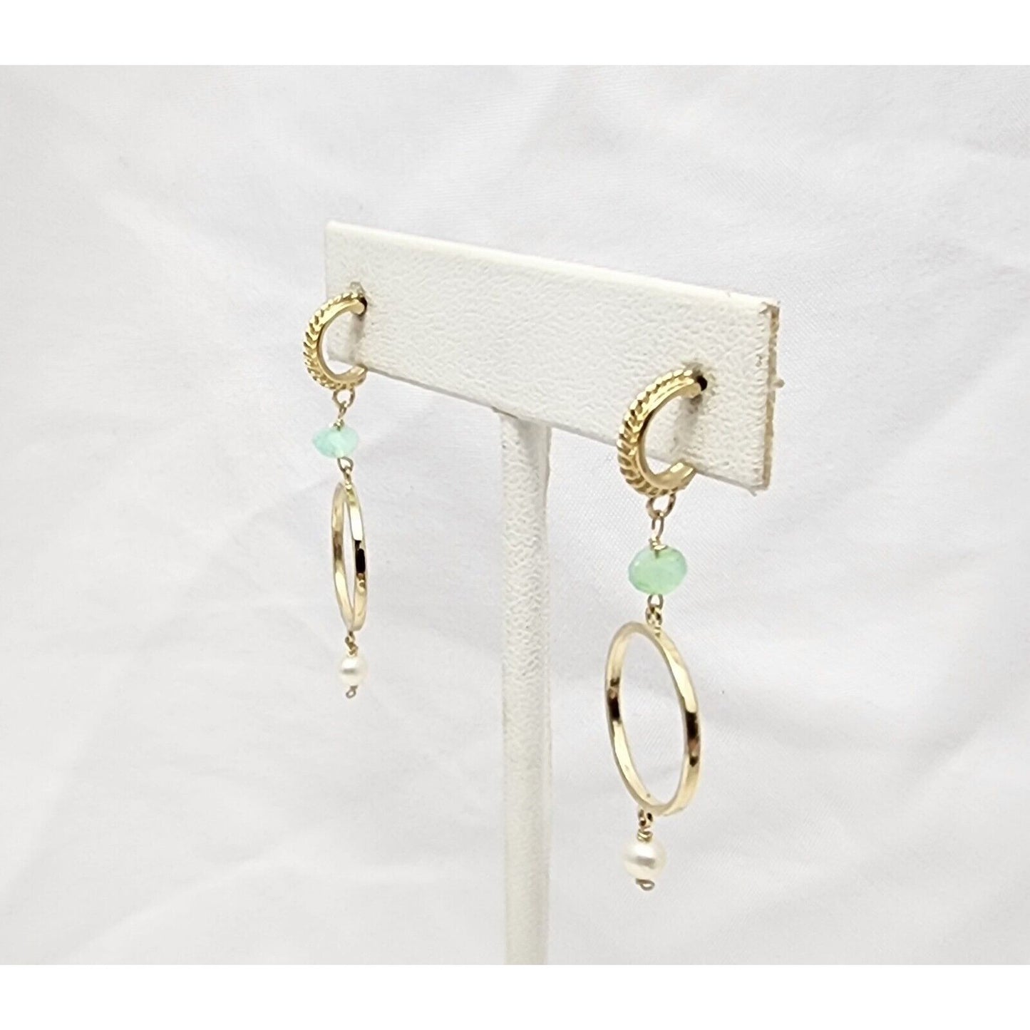 14K Yellow Gold Pearl & Green Crystal Dangle Drop Stud Earrings