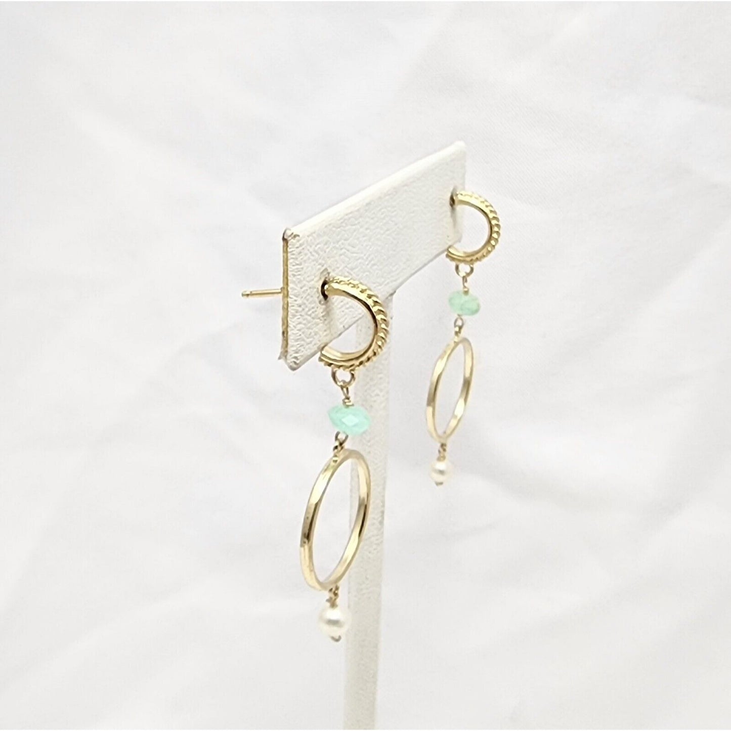 14K Yellow Gold Pearl & Green Crystal Dangle Drop Stud Earrings