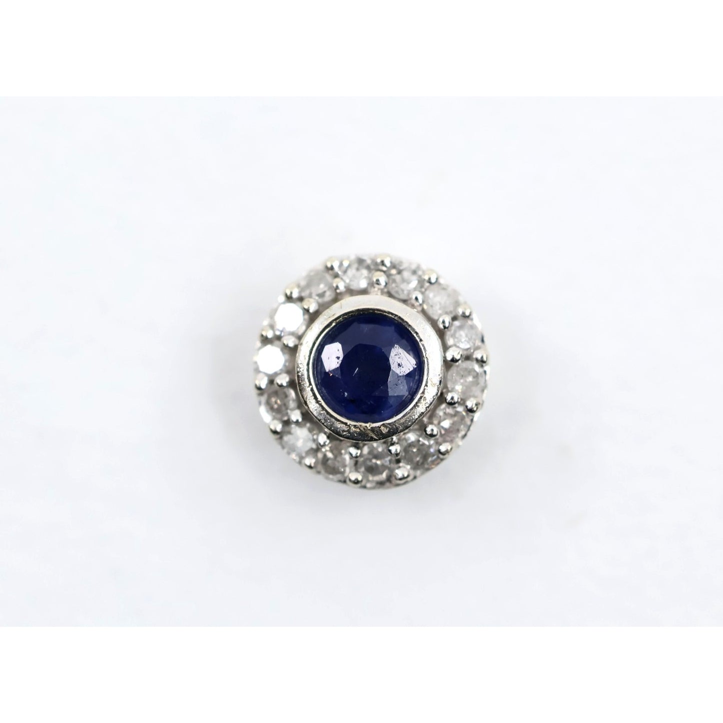 Single 10K White Gold Round Shaped Sapphire & Diamond Stud Earring