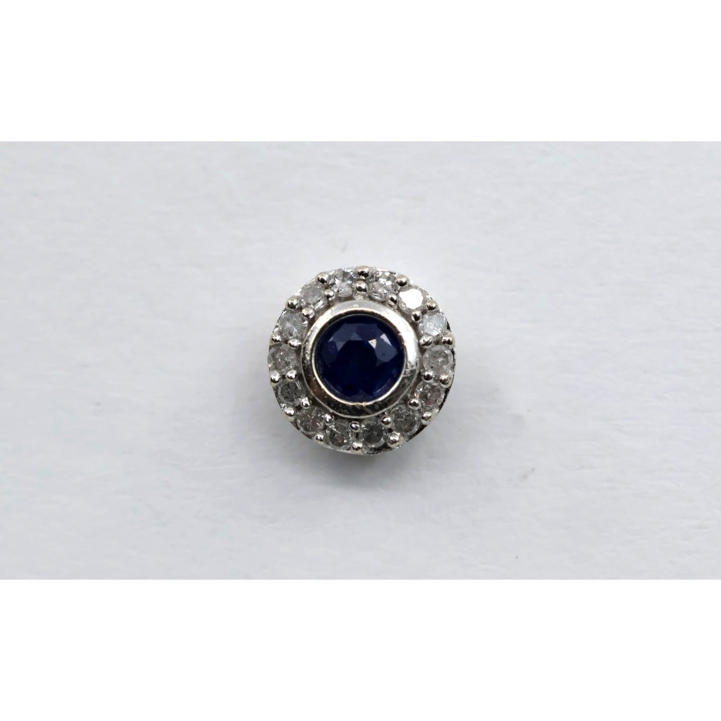 Single 10K White Gold Round Shaped Sapphire & Diamond Stud Earring