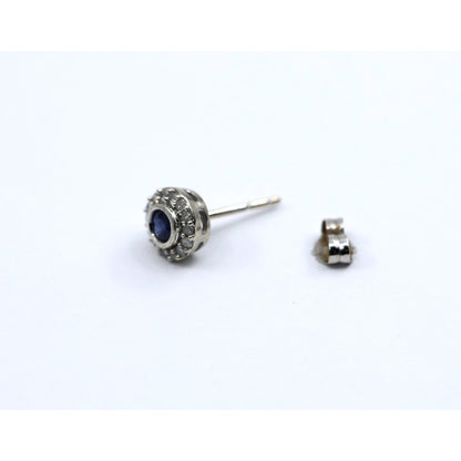 Single 10K White Gold Round Shaped Sapphire & Diamond Stud Earring