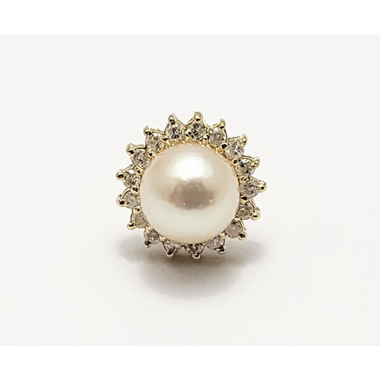 Single 14K Yellow Gold Round Pearl & Diamond Stud Earring