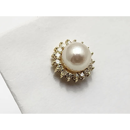 Single 14K Yellow Gold Round Pearl & Diamond Stud Earring